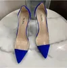 202222 Lady Moda Moda Sapatos Blue Suede Curra Ponto Ponto Ponto STILETTO Saltos Altos Bombas Designer Transparente Sandálias PVC 12cm Grande Tamanho 34 42