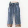 Женские брюки плюс размер женщины широкие джинсы ноги 2022 весна подряд мода Случайные женские джинсовые брюки леопардовые манжеты Bottomswomen