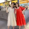 Solid Color Summer Pregnant Woman Chiffon Dress Rruffle Patchwork Short Sleeves Ribbon Backless Maternity Clothes Ball Gown Dress J220628