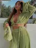 Claceive Sexy Green Pants Set Women Casual Loose Bandage Bluses Shirt Matching Wide Leg Byxor Passar Elegant 2 Piece Pant 220326