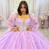 Clássico quinceanera vestidos de baile lilás roxo pescoço quadrado doce 15 vestidos inchados ver através da manga 16 meninas vestidos de soiree 326 326