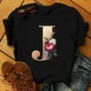 Camiseta feminina Fashion Flower Letter Print Black feminino LOPA LOW MANAGEM HARAJUKU MULHERM WHILL DOME