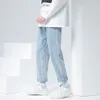 Yaz erkekler denim geniş bacaklı pantolon Kore tarzı düz açık mavi bol kot elastik bel öğrenci pantolon erkek siyah