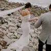 Лодка шейка русалка пляж свадебное платье иллюзия с длинным рукавом атласные свадебные платья бого 2022 Простая богемная свадебная юбка для вечеринки Женщины хала