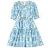 Verão 1/2 meia manga Mini vestido curto redondo pescoço azul impressão floral com cinto de vestidos casuais elegantes 22W174059
