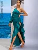 LOVE&LEMONADE Sexy Green Off-The-Shoulder Cutout Ruffled Reflective Satin Party Maxi Dress LM82202-1 GREEN 220507