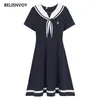 Party Dresses 2022 Summer Cute Sweet Girls Vestidos Women Collage Short Sleeve Sailor Collar With Bow Tie Japanese Style Retro Navy Blue Dre