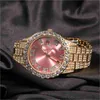 2022 Iced Out Baby Pink Women med Purple Dial Bling Hip Hop Watch