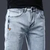 Heren Skinny Jeans Rechte Denim Broek voor Hoge Taille Slanke Fit Jean Pantalones Grijs Casual Kleding 220328