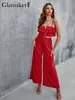 Glamaker Sexyless Backless Spaghetti Brap Rufffle 2 Piece Set Women Elegant Red High High Thist