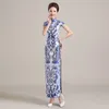 ملابس عرقية سهرة صينية فستان تشيونغسام نساء زرقاء وبيضاء من الخزف الرجعية حفلة Qipao التقليدية الأنيقة
