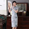 Etnische kleding vrouwen Chinees traditionele elegante retro korte mouw blauwe bloemenprint cheongsam vintage feest sexy bodycon slank qipao