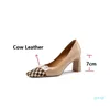 Dress Shoes Fashion Trendy Brand Checkered Women Natural Leather High Heels Pumps Nude Office Work Ladies