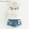 Humor Bear Girl s Clothes Set Summer Children Bow Lace Sling T shirt Striped Short Pants Sets Kids Sleeveless Clothing 220620