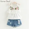 Humor Bear Girl S Set Zomer Kinderen Bow Lace Sling T -shirt Gestreepte korte broek Sets Kinderen Mouwloze kleding 220620