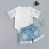 Citgeett Summer Baby Girls Outfit Short Sleeves Hollow Lace Romper at Ripped Denim Shorts 세트 의류 J220711