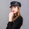 Berretti Autunno Primavera Inverno Elegante cappello da donna Esercito Cappelli militari Berretto in vera pelle Donna Vintage Berretti piatti Cappello di pelle di pecora Berretti Davi2