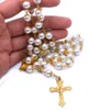 Golden Pearl Rosary Beads Necklace Jewelry Cross Catholic Religious Supplies