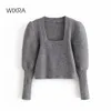 Wixra Womens Seaters Fashion Square Collar High Street Puff Sleeve Autumn Winter Pullovers Tops Femme Party Jampers 201222