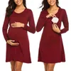 Mom Spring herfst zwangerschapszorg lange mouwen zwangerschapskleding vaste kleur jurk zwangere vrouwen zwangerschap zwangerschap borstvoeding kleding G220309