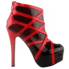 Moda Pokaż Story Punk Red Black Strappy Platform Stiletto Kostki Bootie Buty Sukienka Obuwie 2022