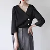Women's Blouses & Shirts For Woman 2022 Korean Fashion Office Wear Designs Tops Three Quarter Sleeve Female Tunic Black Side Button Shirt DD
