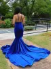 Royal Blue Prom Dresses Mermaid Sweep Train Veet Custom Made Lace Applique Paghetti Straps Evening Party Formal OCN Wear Vestidos 403 403