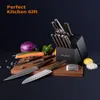 Kitchen Knives Set 15PCS Chef Knife Sets with Block Wooden Triple Rivets German High Carbon Stainless Classic Style Full Tang Knife