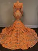 Langarm High Neck Arabic Prom Kleider 2022 Sexy Meerjungfrau Stil Orange Pailletten Applique Afrikanische Blacl Mädchen Abend Gala Kleider