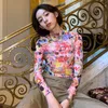 Estética malha tops fairycore gráfico tshirts ver através kawaii rosa colheita topos coreano manga impressão camiseta e menina cx220420