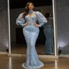 2022 Plus Size Arabic Aso Ebi Luxurious Lace Beaded Prom Dresses Mermaid High Neck Evening Formal Party Second Reception Gowns B053021