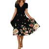 Frauen Vintage Kurzarm V-ausschnitt Blumen Gedruckt Kleider Sommer A-Linie Elegante Party Kleid Damen Casual Lose Boho Kleider 220531