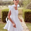 Ootn Summer Semester Style White Dress Cotton Linen Strap Lace Up Mini Dress Women Square Neck High midje ärmlös Casual Dress 220511