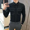 Men's Casual Shirts Korean Slim Fit Denim Mens Jeans Polka Dot Social Fashion Elegant Long Sleeve Black BlueMen's