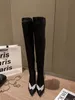 2023 Fashion Designer Amina Muadi Black Pointed Toe Boots Women Horseshoe Heel Boots Over Knee Desert Boots Radiant Crystal Winter Shoes NO389