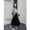 Velvet High Waist Long Skirt Women Autumn Winter Korean Black Pleated Vintage Style Female Midi Saia 220317