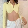 Dames T-shirt Sexy revers Crop Top Casual Lange Mouw Button Front Solid Color Tee Shirt 2022 Streetwear