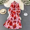 Chiffon Flower Print Flowy Maxi Dress 2022 Spring New Fashion Stand Collar Lantern Sleeve Single-breasted Belted Dresses