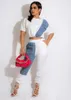 Women's Two Piece Pants Fashion Women Sets Casual Denim Patchwork Short Sleeve Tops High Waist 2 Outfits 2022 Summer