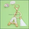 Key Rings Jewelry Gold Color Letters Keychain With White Tassel A-Z 26 Chain Handbag Charms Plastic Crystal Pendant Ring Gifts Drop Delivery