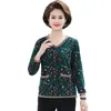 Dames T-shirt Middle Aaged Women Elastic V-Neck Slim Blouse Tops vrouwelijke lente en herfst bloemenprint lange mouw shirt pullofwomen's