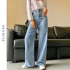Yedinas Spring Autumn Retro Style Hög midja Solid Color Wide Leg Jeans Women Street Slim Straight Ladies 210527