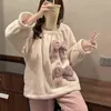 Ins Frauen Pyjama Sets Flanell Chic Weichen Bequemen Kawaii Bogen Quadratischen Kragen Winter Neue Homewear Lose Warme Einfache Freizeit Dicken L220803