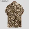 Verão de manga curta camisa de estampa de leopardo masculino de lapela butplos solto blusa de rua respirável camisetas sexy homens incerun 220611