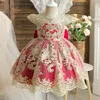 Flickans klänningar bröllopsfest prinsessan klänning för blomma flickor baby flicka 1: a födelsedag röd boll klänning 0-24m spädbarn bowknot jul fluffig kostnad