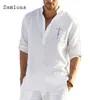 Samlona camisa de manga comprida tops de linho sexy roupas masculinas verão carta impressão casual pulôver single-breasted sexy blusa masculina 220623