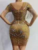 Stage Wear Sparkly Rhinestoness Fringe Crystals Gold Mesh Dress Women Evening Party Dresses Birthday Celebrate Outfit Long Sleeve VestidosSt