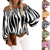 Sexy Off Shoulder Stripe Print Chiffon Shirt Women Fashion One Neck Lantern Long Sleeve Pullover Tops Street Vintage Lady Blouse 220511