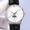 Mistrz Ultra Cienki Q1368430 Księżyc Faza Automatyczny Zegarek Mężczyzna Stalowa Obudowa Czarna Dial Silver Stick Markery Skórzany Pasek TimeZonewatch Y10B2