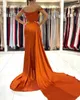 Orange Off the Shoulder Satin Split Prom Dresses 2022 Ruched Sweep Train Formal Party Plus Size Sweep Train Evening Downs BC11177